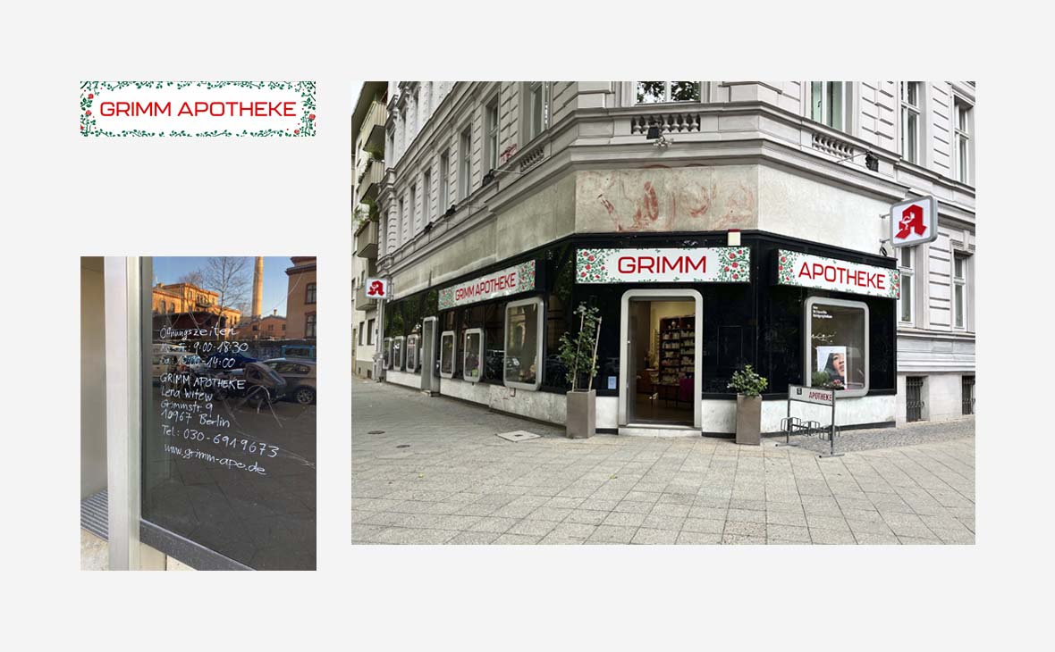 Grimm Apotheke – Außenbeschilderung und Öffnungszeiten – Teaserbild